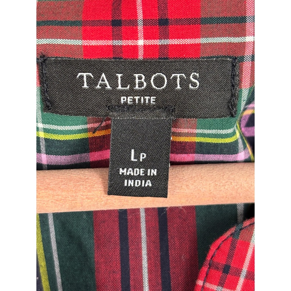 Talbots Women Long Sleeve Cotton Popover Blouse LP Red Festive Holidays Plaid - Picture 3 of 8